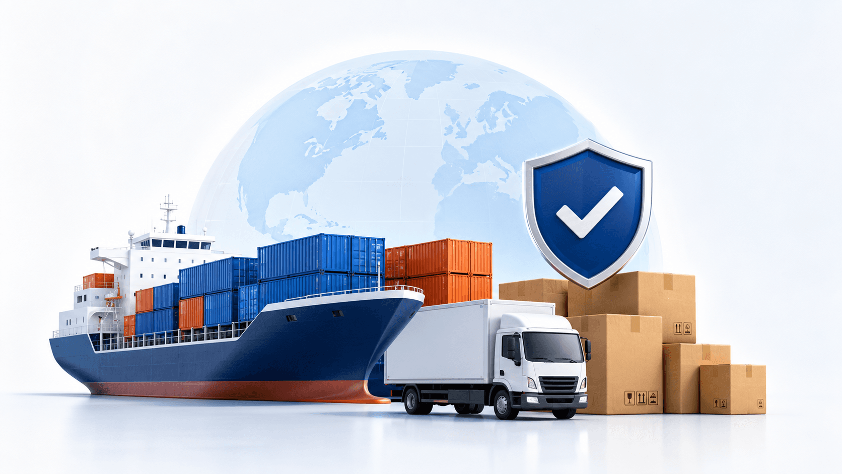 Container ship, delivery truck and packages in front of a globe, with a verification shield